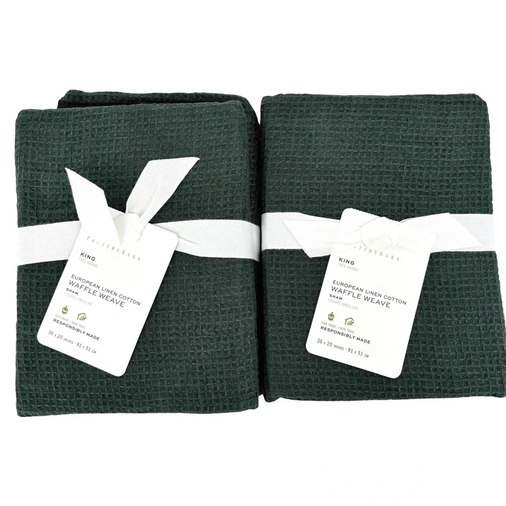 Pottery Barn European Linen Cotton Waffle Weave King Sham Set of 2 Pine Green